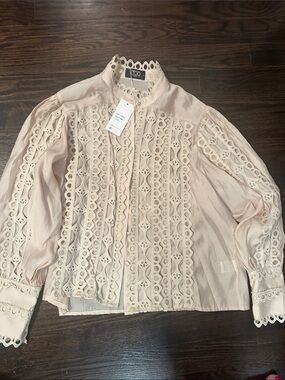 Lace-Trim Button Front Blouse in Light Beige